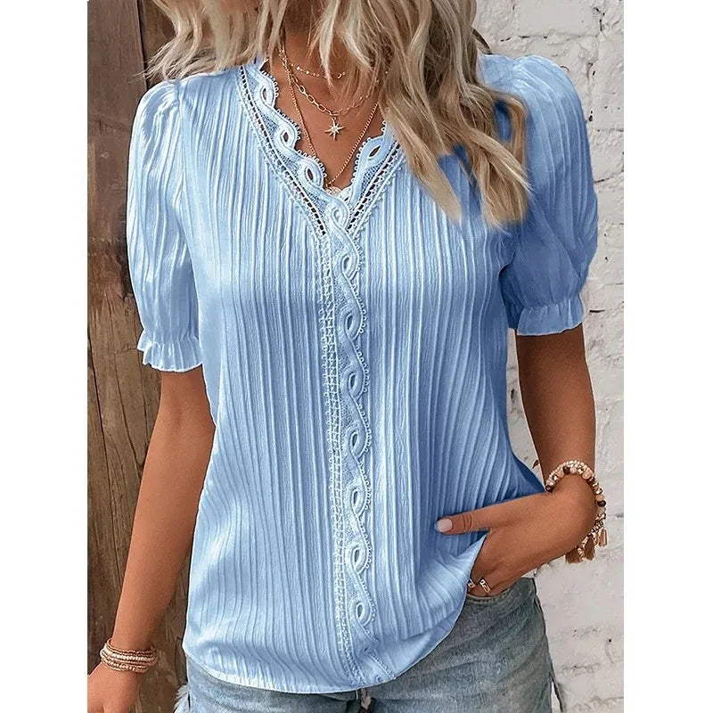 Novo top feminino de verão, sólido e sexy, com decote em V e mangas curtas. Blusa solta de moda splice, plus size, ideal para o vestuário de rua