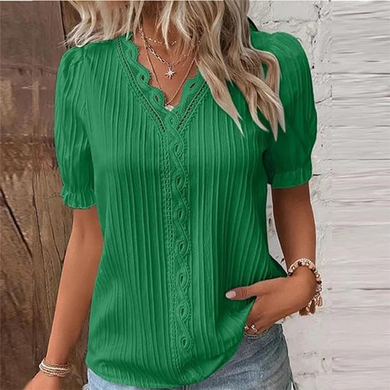 Novo top feminino de verão, sólido e sexy, com decote em V e mangas curtas. Blusa solta de moda splice, plus size, ideal para o vestuário de rua