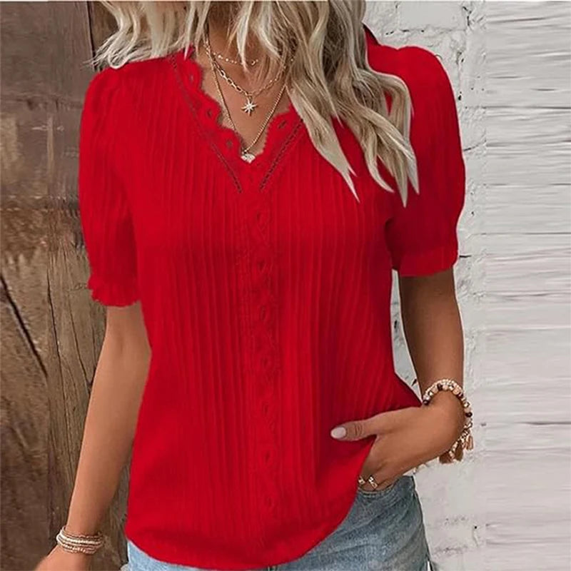 Novo top feminino de verão, sólido e sexy, com decote em V e mangas curtas. Blusa solta de moda splice, plus size, ideal para o vestuário de rua