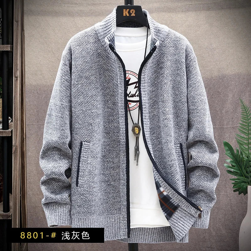 Blusas de lã masculinas para outono e inverno, com zíper. Este cardigan coreano é quente e esportivo, perfeito para os meses frios. Disponível em marrom, é uma peça versátil para o guarda-roupa masculino.