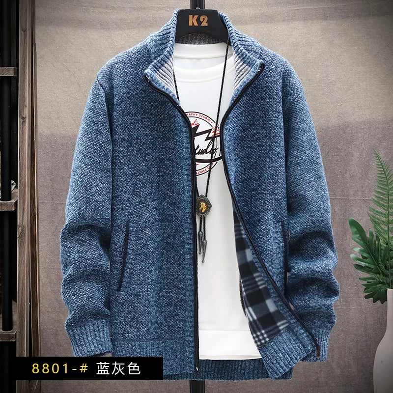 Blusas de lã masculinas para outono e inverno, com zíper. Este cardigan coreano é quente e esportivo, perfeito para os meses frios. Disponível em marrom, é uma peça versátil para o guarda-roupa masculino.