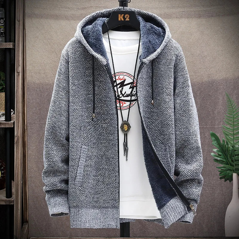 Blusas de lã masculinas para outono e inverno, com zíper. Este cardigan coreano é quente e esportivo, perfeito para os meses frios. Disponível em marrom, é uma peça versátil para o guarda-roupa masculino.