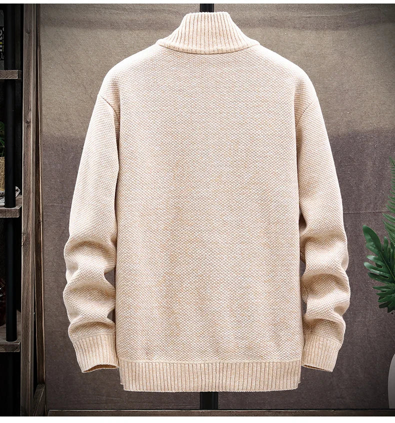 Blusas de lã masculinas para outono e inverno, com zíper. Este cardigan coreano é quente e esportivo, perfeito para os meses frios. Disponível em marrom, é uma peça versátil para o guarda-roupa masculino.