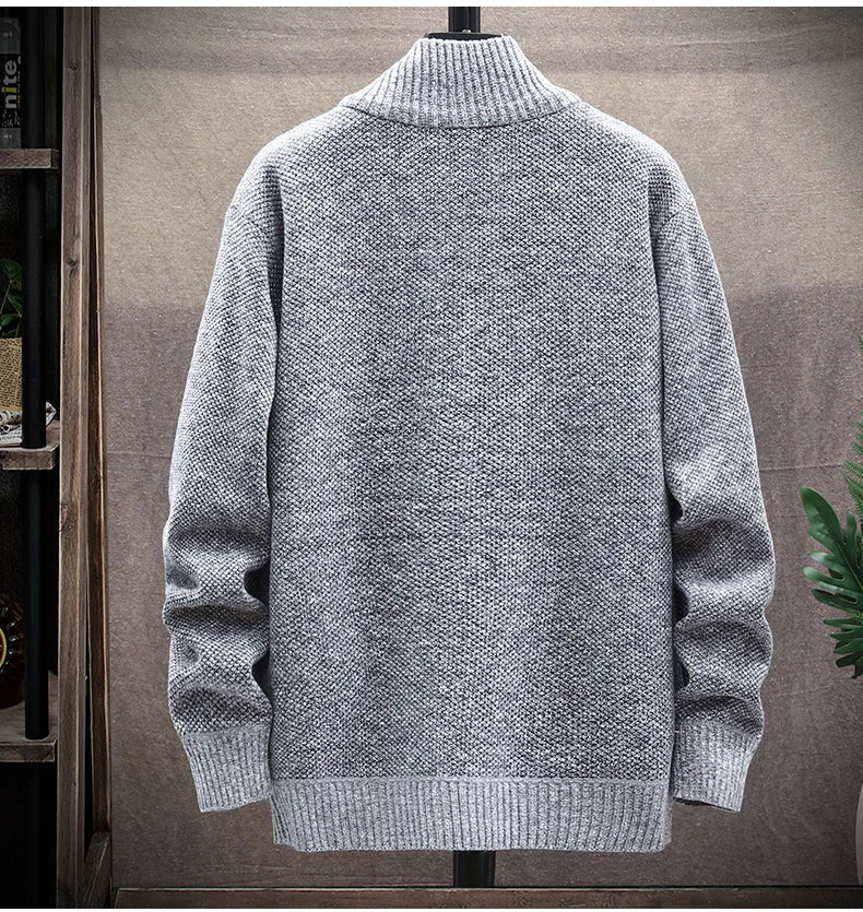 Blusas de lã masculinas para outono e inverno, com zíper. Este cardigan coreano é quente e esportivo, perfeito para os meses frios. Disponível em marrom, é uma peça versátil para o guarda-roupa masculino.