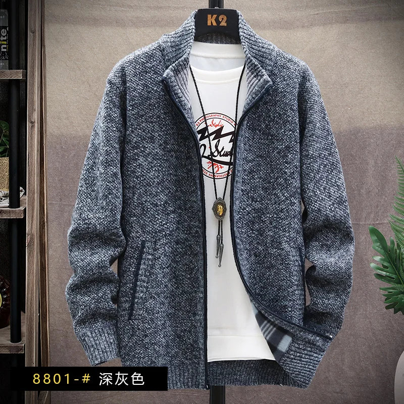 Blusas de lã masculinas para outono e inverno, com zíper. Este cardigan coreano é quente e esportivo, perfeito para os meses frios. Disponível em marrom, é uma peça versátil para o guarda-roupa masculino.