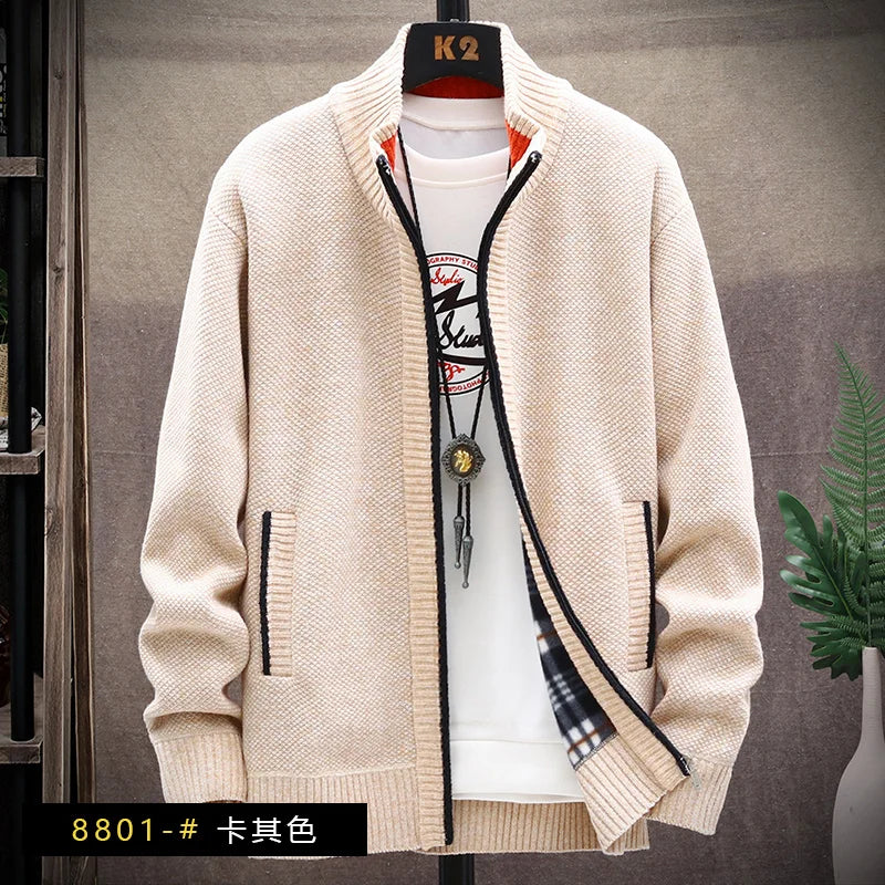 Blusas de lã masculinas para outono e inverno, com zíper. Este cardigan coreano é quente e esportivo, perfeito para os meses frios. Disponível em marrom, é uma peça versátil para o guarda-roupa masculino.