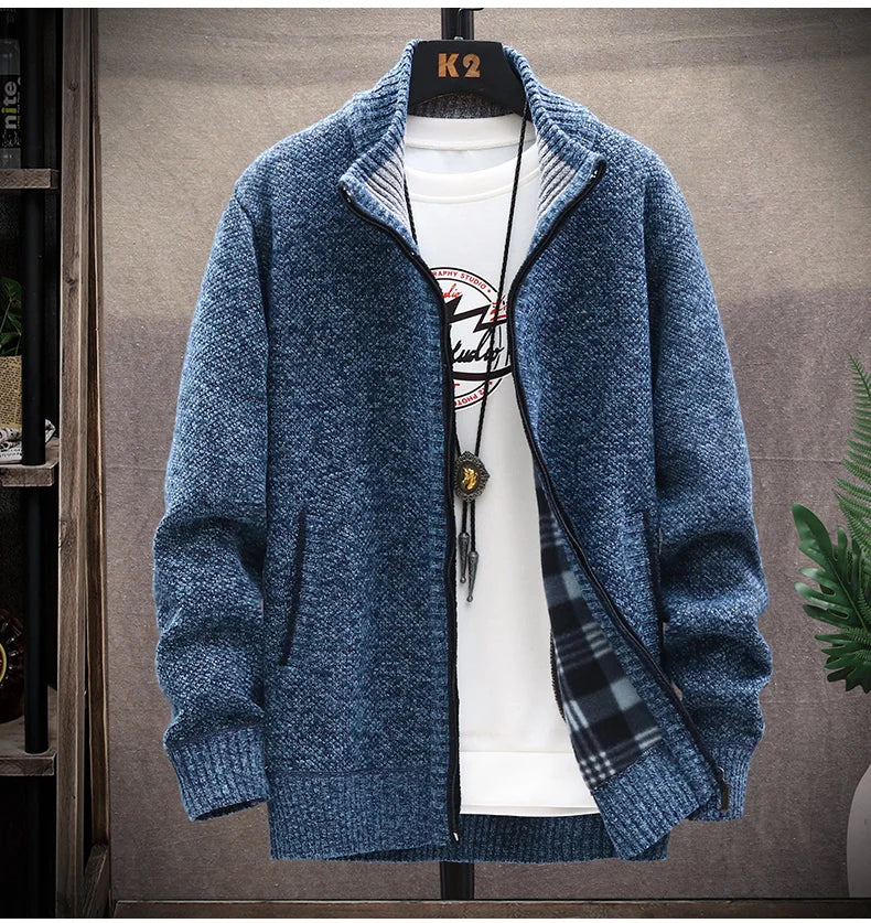 Blusas de lã masculinas para outono e inverno, com zíper. Este cardigan coreano é quente e esportivo, perfeito para os meses frios. Disponível em marrom, é uma peça versátil para o guarda-roupa masculino.