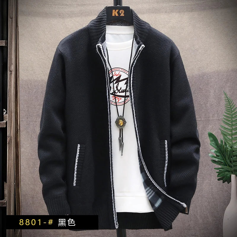 Blusas de lã masculinas para outono e inverno, com zíper. Este cardigan coreano é quente e esportivo, perfeito para os meses frios. Disponível em marrom, é uma peça versátil para o guarda-roupa masculino.