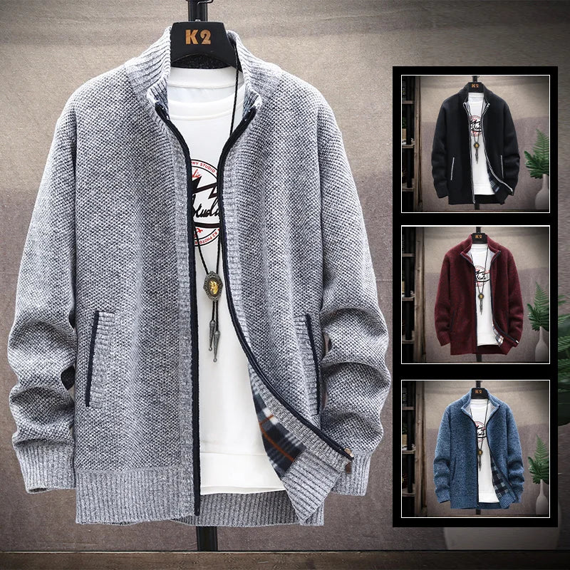 Blusas de lã masculinas para outono e inverno, com zíper. Este cardigan coreano é quente e esportivo, perfeito para os meses frios. Disponível em marrom, é uma peça versátil para o guarda-roupa masculino.