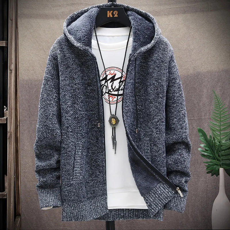 Blusas de lã masculinas para outono e inverno, com zíper. Este cardigan coreano é quente e esportivo, perfeito para os meses frios. Disponível em marrom, é uma peça versátil para o guarda-roupa masculino.