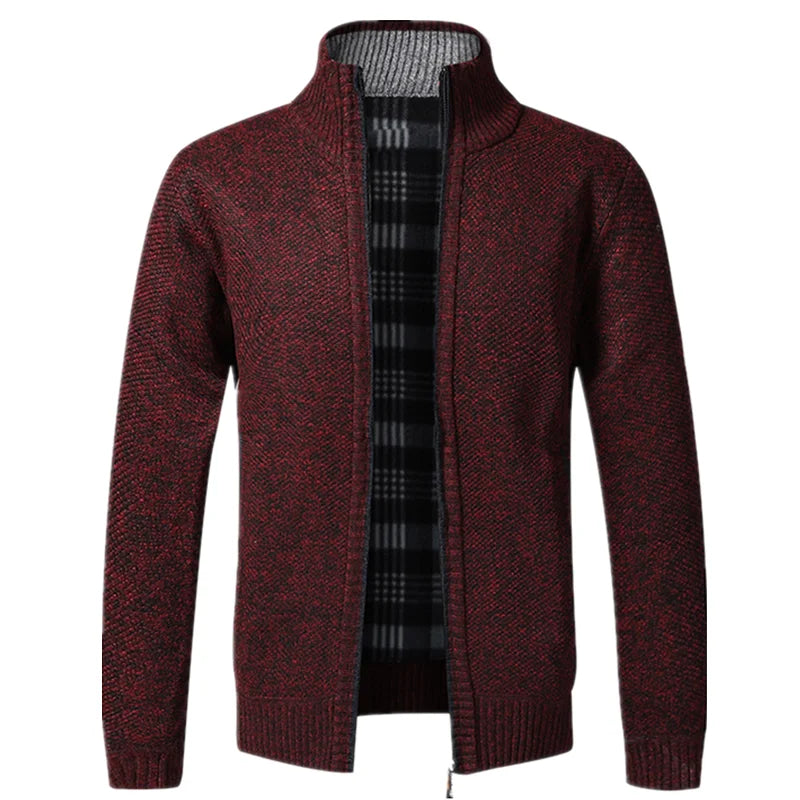 Casaco de malha slim fit masculino, com zíper, em polar. Cardigã grosso e quente, ideal para outono e inverno.