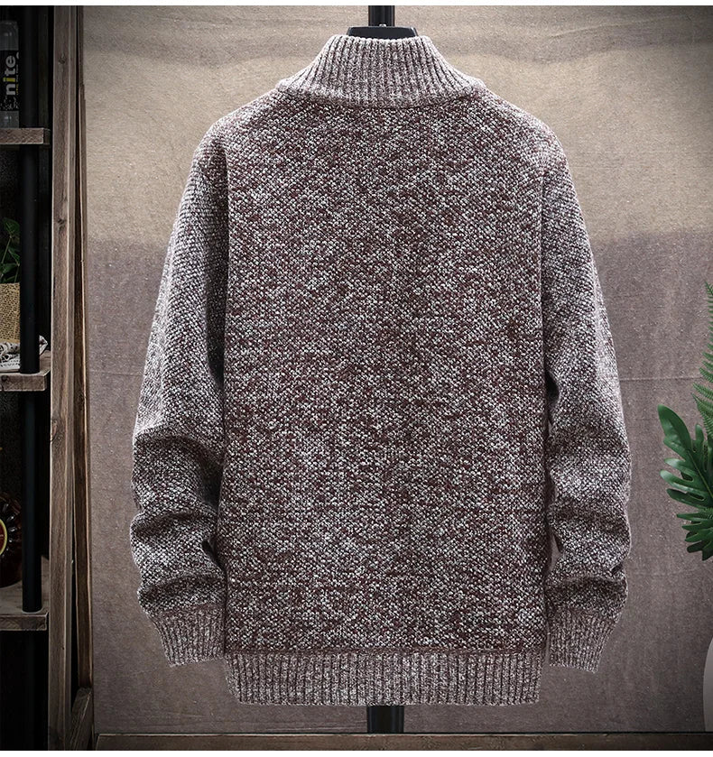 Blusas de lã masculinas para outono e inverno, com zíper. Este cardigan coreano é quente e esportivo, perfeito para os meses frios. Disponível em marrom, é uma peça versátil para o guarda-roupa masculino.