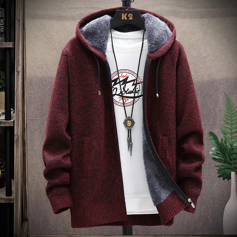 Blusas de lã masculinas para outono e inverno, com zíper. Este cardigan coreano é quente e esportivo, perfeito para os meses frios. Disponível em marrom, é uma peça versátil para o guarda-roupa masculino.
