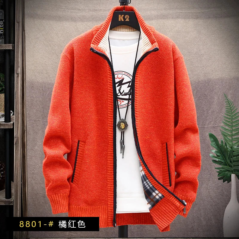 Blusas de lã masculinas para outono e inverno, com zíper. Este cardigan coreano é quente e esportivo, perfeito para os meses frios. Disponível em marrom, é uma peça versátil para o guarda-roupa masculino.