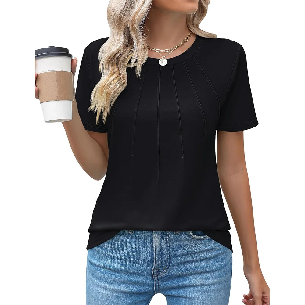 Blusas femininas casuais com gola redonda e mangas curtas plissadas