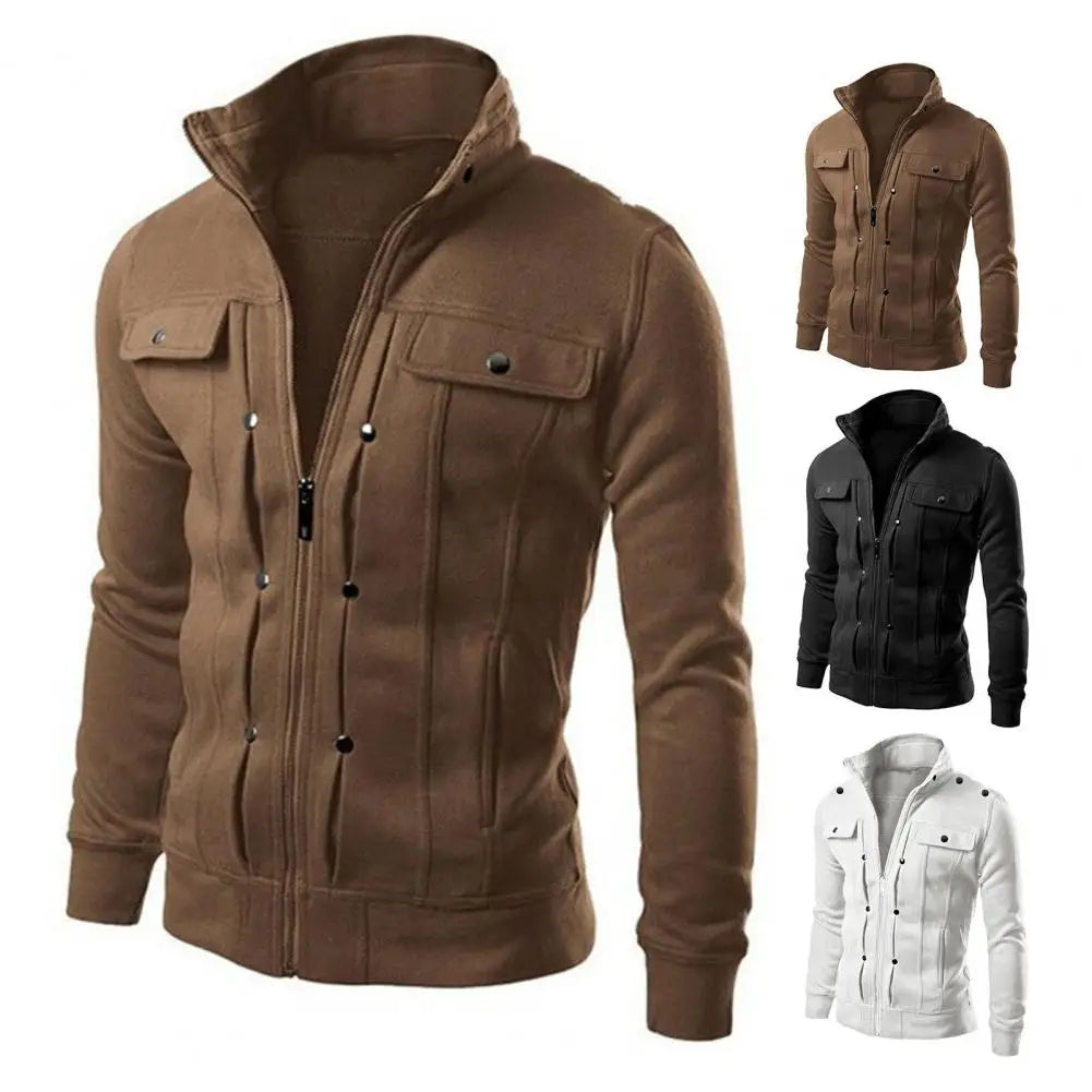 Jaqueta Masculina  - Vestuário Externo em Cor Sólida, com Gola, Fecho de Botões e Zíper, Ideal para Primavera e Outono, Modelo Longo para Homens.