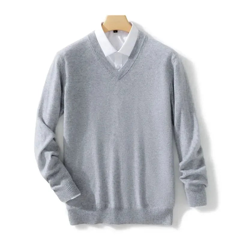 Blusa de caxemira macia masculina, ideal para outono e inverno, com decote em V e ajuste confortável, perfeita para looks casuais e de negócios.
