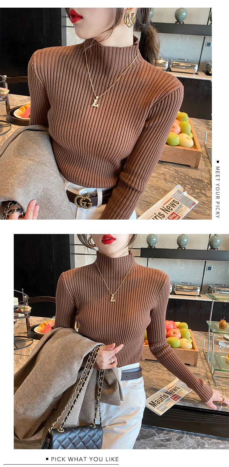 Blusa feminina de malha com manga longa e gola alta, ideal para o inverno. Pulôver fino, perfeito para compor looks modernos.