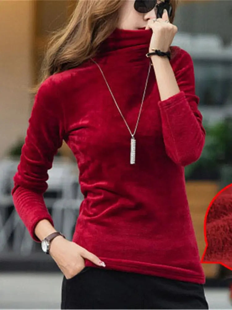 Blusa de Gola Alta Feminina – Tamanhos 3XL e 4XL, Veludo Grosso e Quente para o Inverno!