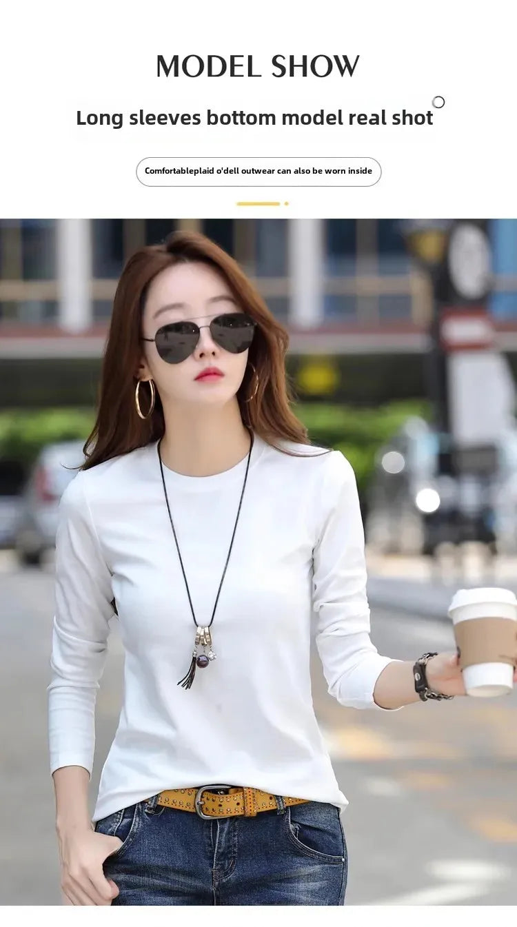 Camiseta feminina slim fit de manga longa com gola redonda, estilo simples e elegante, decorada com detalhes em linha, perfeita para o outono e inverno, feita de poliéster.