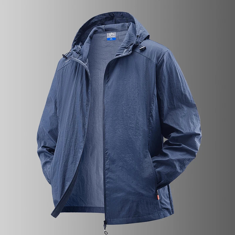 Jaqueta masculina à prova d'água para o verão, ideal para caminhadas, pesca e ciclismo. Com capuz, leve e com proteção solar.