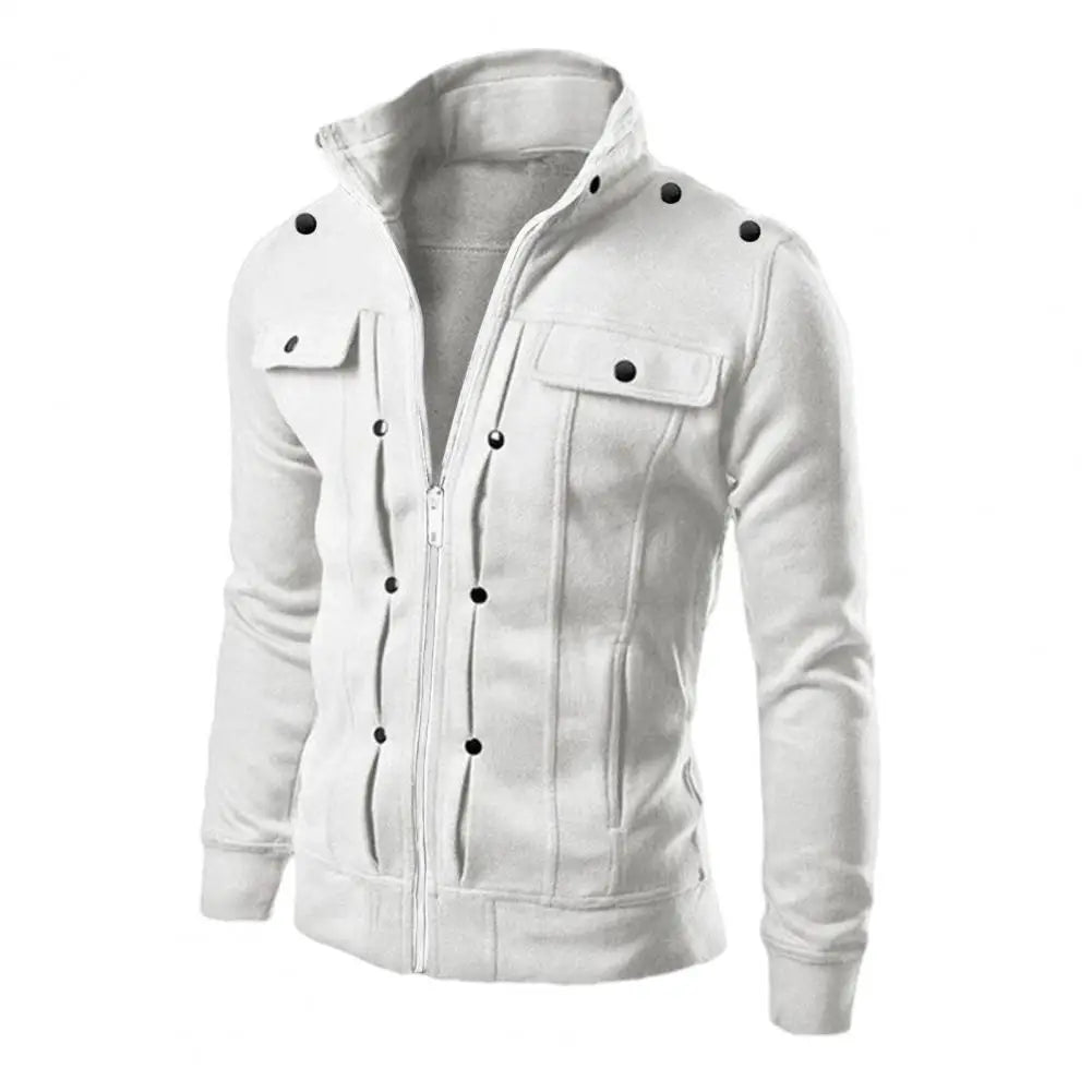 Jaqueta Masculina  - Vestuário Externo em Cor Sólida, com Gola, Fecho de Botões e Zíper, Ideal para Primavera e Outono, Modelo Longo para Homens.