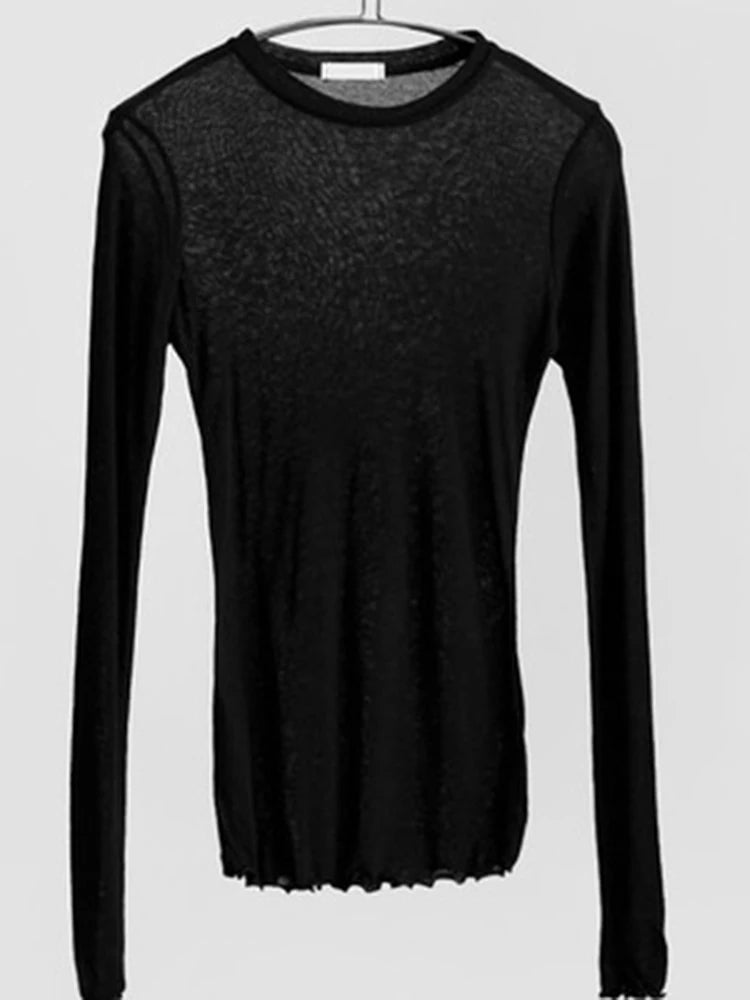 Camisa feminina básica de alta qualidade, elástica e simples. Camisetas femininas casuais, com manga longa e design sexy, em tecido fino e transparente.