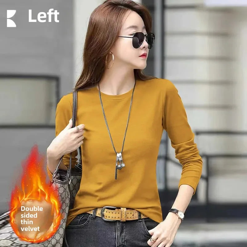 Camiseta feminina slim fit de manga longa com gola redonda, estilo simples e elegante, decorada com detalhes em linha, perfeita para o outono e inverno, feita de poliéster.