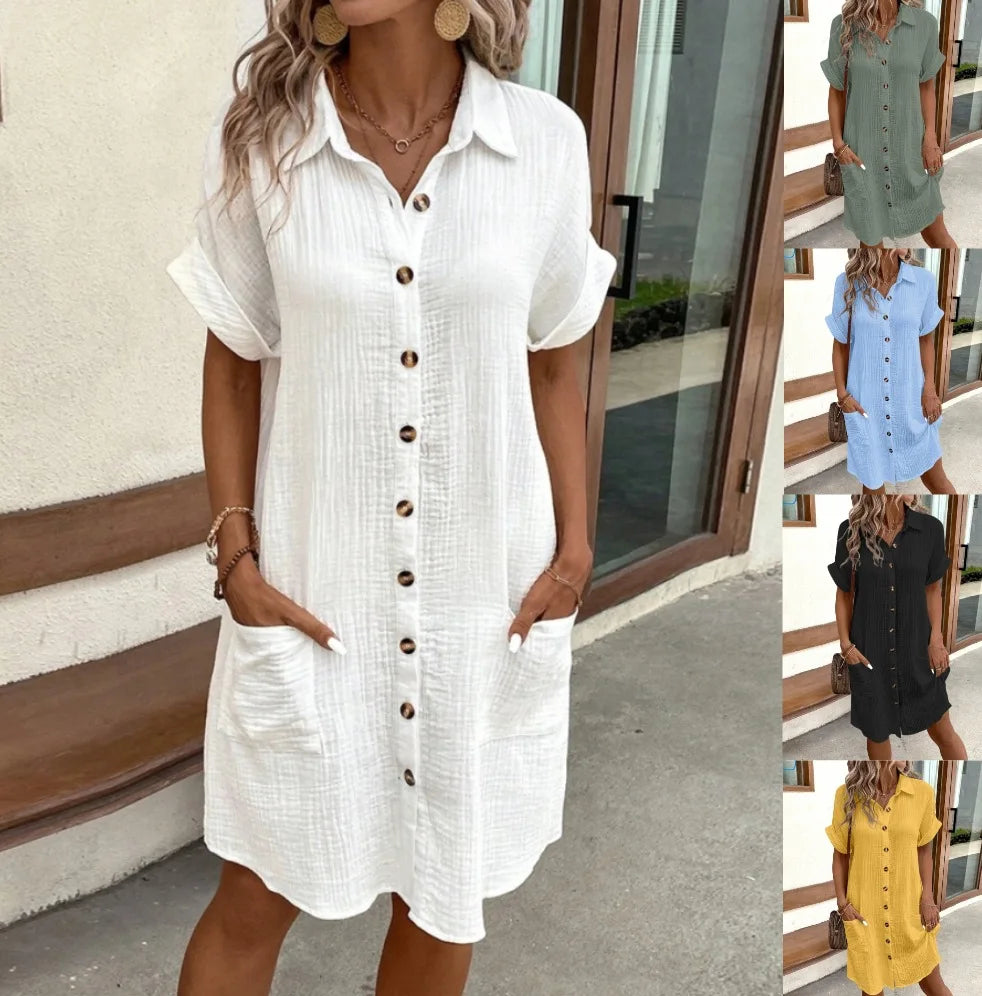 Vestido feminino de verão 2025, nova moda simples e sexy, com decote em V, botão único, mangas curtas e bolsos.