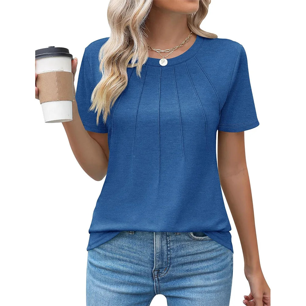 Blusas femininas casuais com gola redonda e mangas curtas plissadas