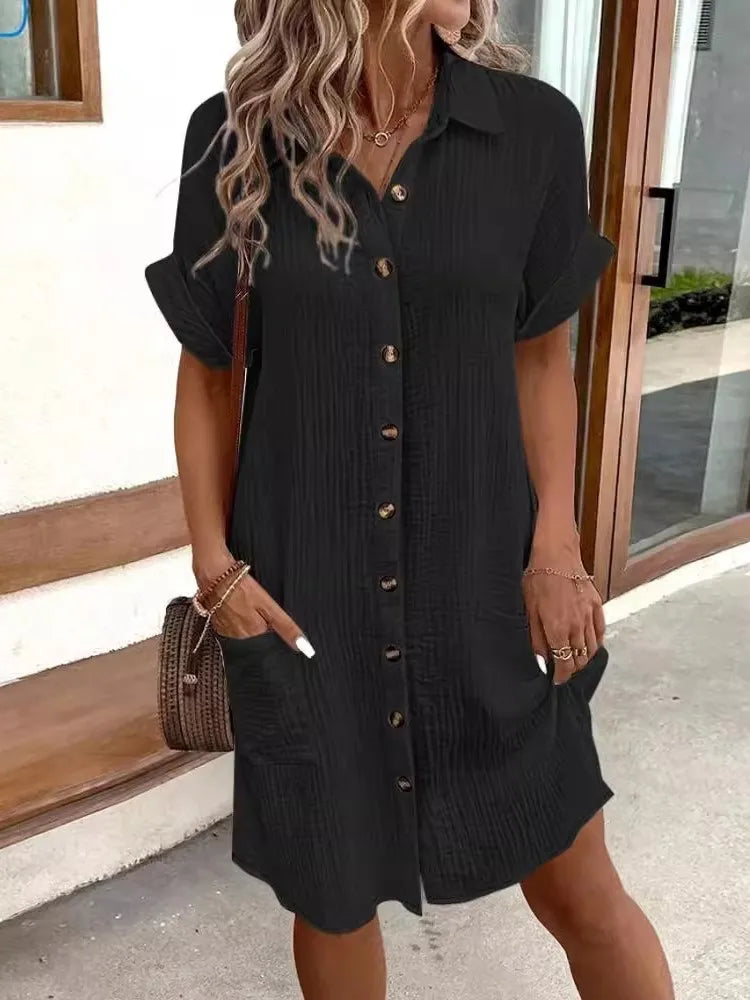 Vestido feminino de verão 2025, nova moda simples e sexy, com decote em V, botão único, mangas curtas e bolsos.