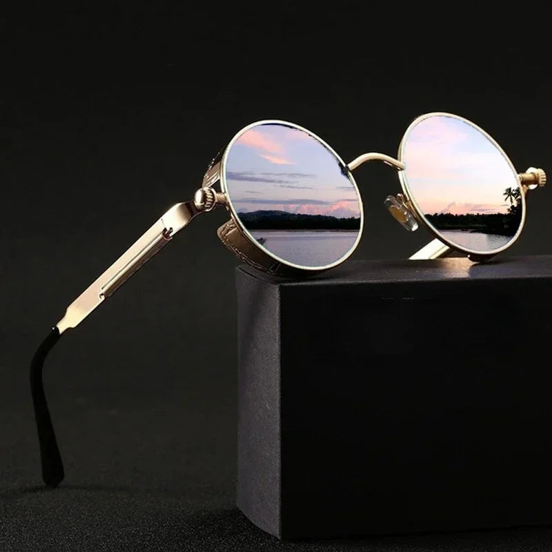 Óculos de sol Steampunk clássicos unissex. Óculos de sol retrô redondos com armação de metal.