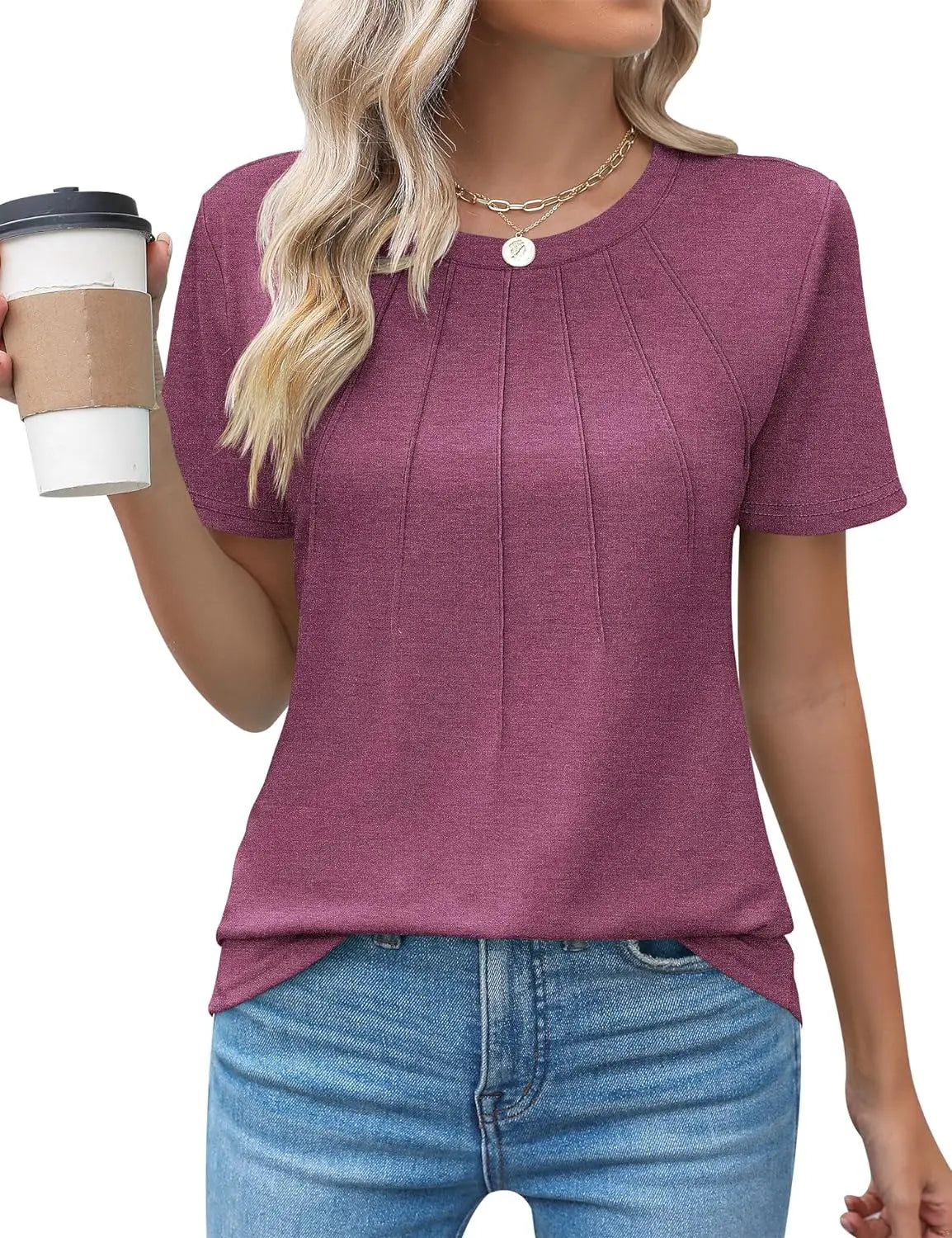 Blusas femininas casuais com gola redonda e mangas curtas plissadas