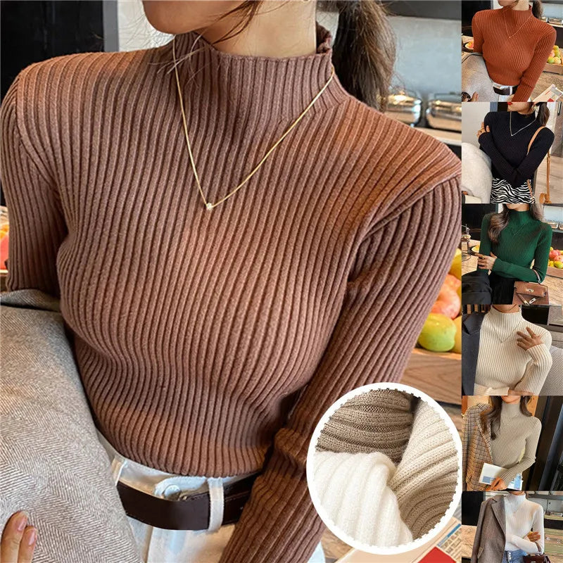 Blusa feminina de manga longa com gola alta, estilo Harajuku. Pulôver de malha fina, ajuste magro e elástico, básico e sólido, perfeito para compor looks simples.
