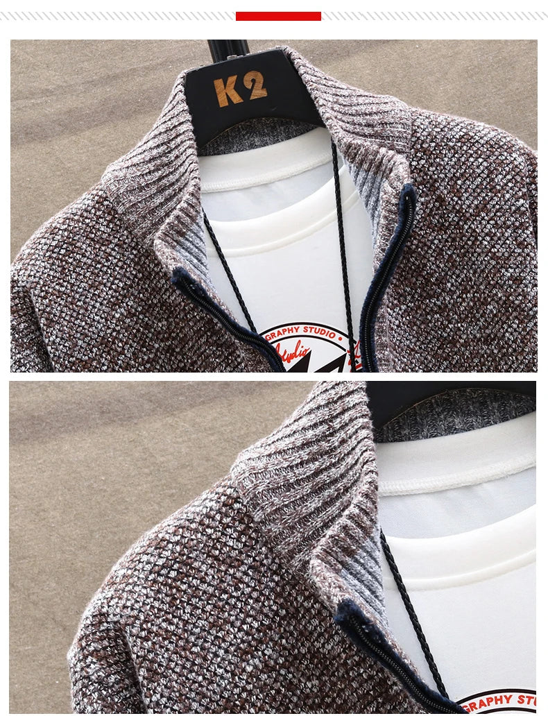 Blusas de lã masculinas para outono e inverno, com zíper. Este cardigan coreano é quente e esportivo, perfeito para os meses frios. Disponível em marrom, é uma peça versátil para o guarda-roupa masculino.