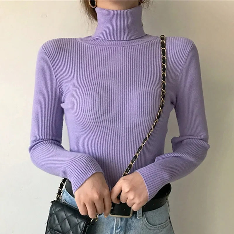 Blusa feminina de manga longa com gola alta, estilo Harajuku. Pulôver de malha fina, ajuste magro e elástico, básico e sólido, perfeito para compor looks simples.