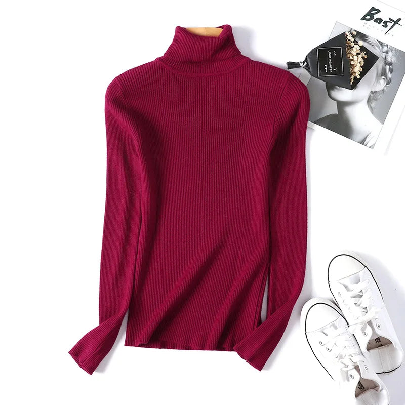 Blusa Feminina de Outono/Inverno 2025: Pulôver de Malha com Manga Longa, Gola Alta e Nervuras, Dobrável, Macia e Quente.