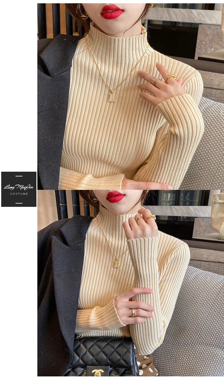 Blusa feminina de malha com manga longa e gola alta, ideal para o inverno. Pulôver fino, perfeito para compor looks modernos.