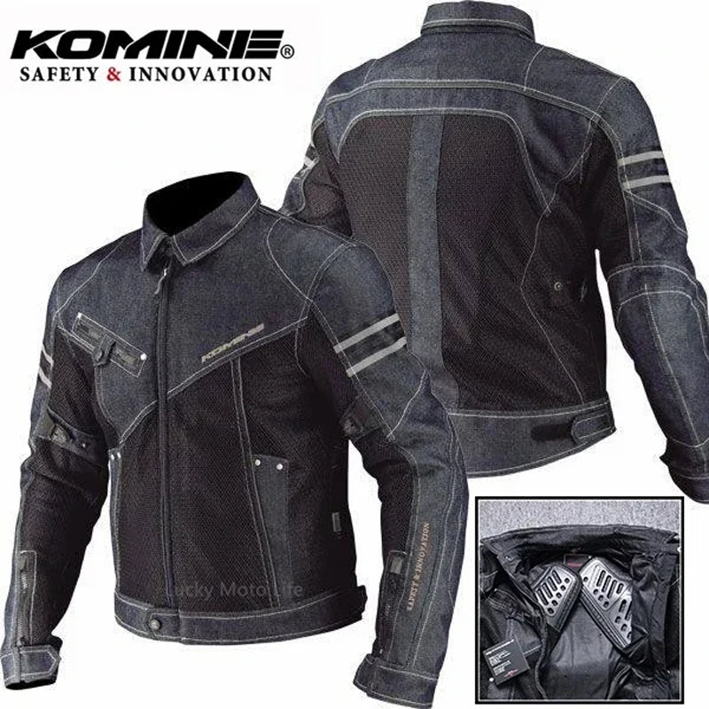Jaqueta Komine JK006 - Primavera, Respirável, em Denim, Ideal para Corridas e Passeios de Alto Desempenho, com Resistência à Queda. Jaqueta para Motocicleta.