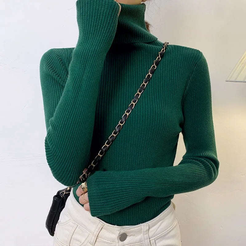 Blusa feminina de manga longa com gola alta, estilo Harajuku. Pulôver de malha fina, ajuste magro e elástico, básico e sólido, perfeito para compor looks simples.