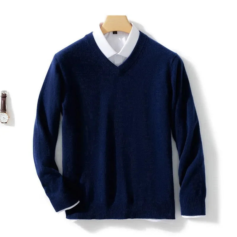 Blusa de caxemira macia masculina, ideal para outono e inverno, com decote em V e ajuste confortável, perfeita para looks casuais e de negócios.