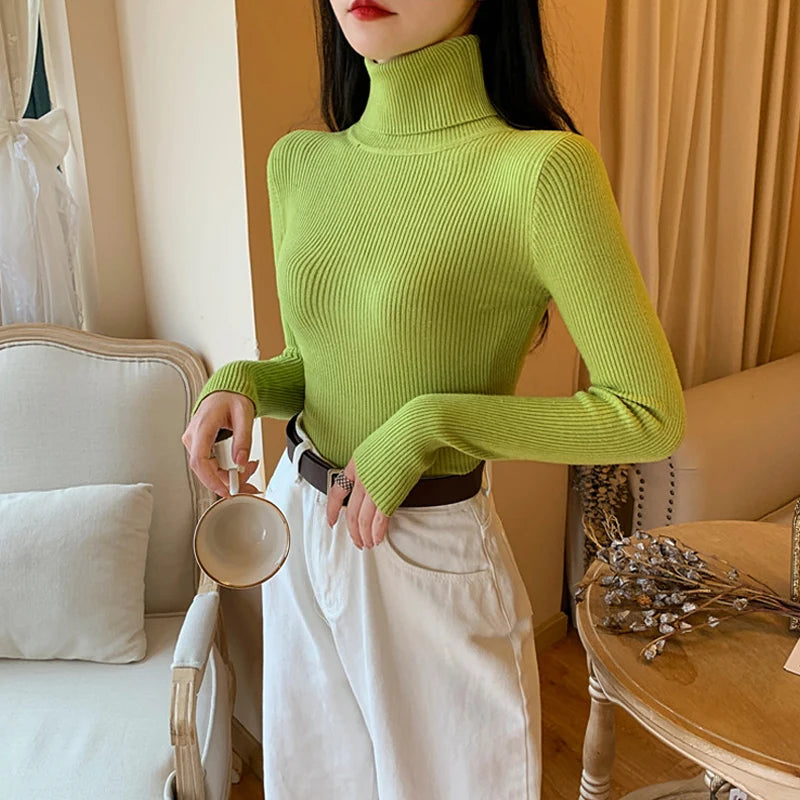 Blusa Feminina de Malha – Outono/Inverno 2025! Prepare-se para os dias mais frios com estilo! Nossa blusa de manga longa apresenta uma gola alta dobrável com delicadas nervuras, oferecendo um toque de elegância.