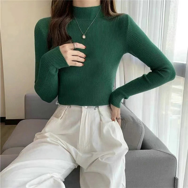 Blusa feminina de manga longa com gola alta, estilo Harajuku. Pulôver de malha fina, ajuste magro e elástico, básico e sólido, perfeito para compor looks simples.