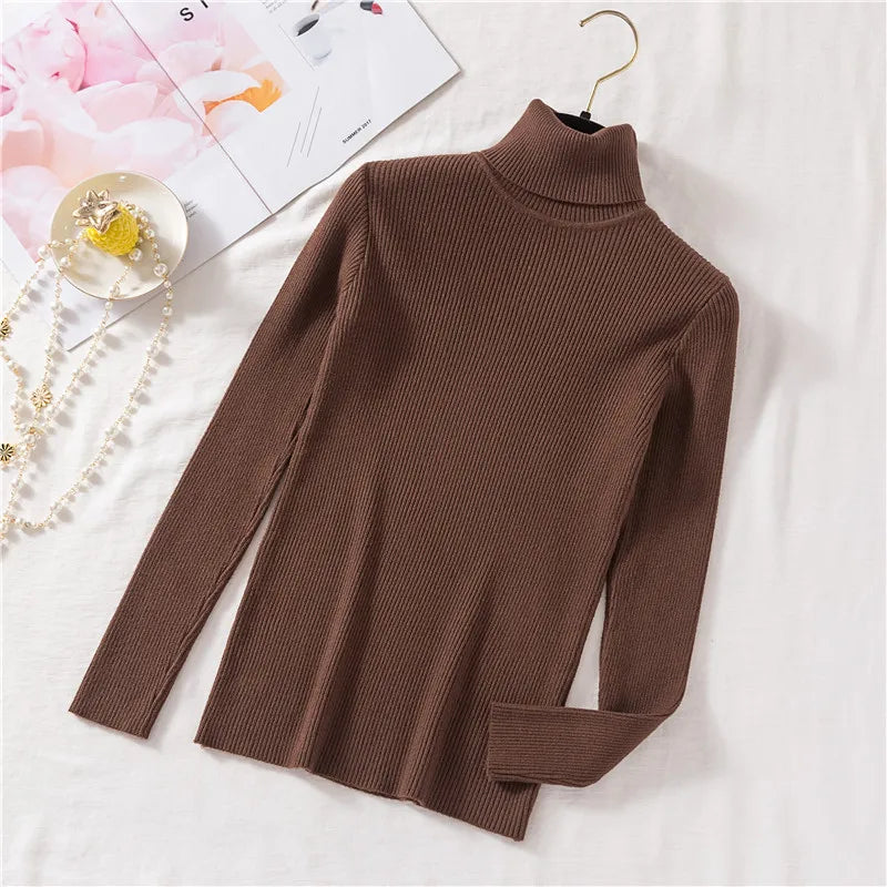 Blusa Feminina de Outono/Inverno 2025: Pulôver de Malha com Manga Longa, Gola Alta e Nervuras, Dobrável, Macia e Quente.