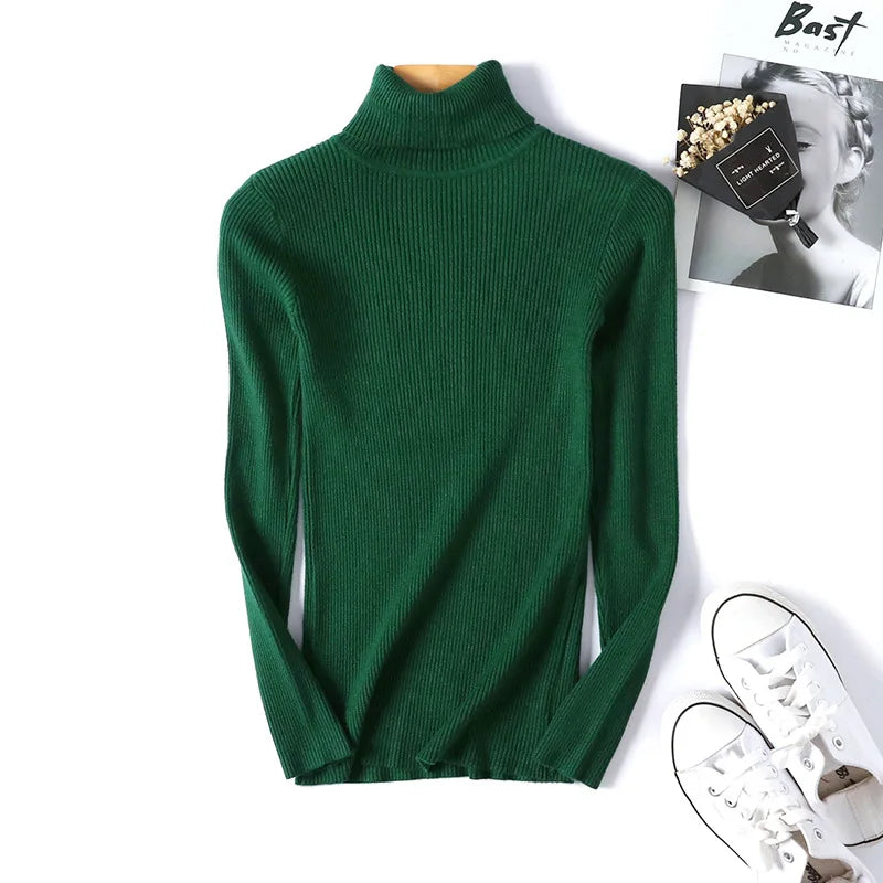 Blusa Feminina de Outono/Inverno 2025: Pulôver de Malha com Manga Longa, Gola Alta e Nervuras, Dobrável, Macia e Quente.