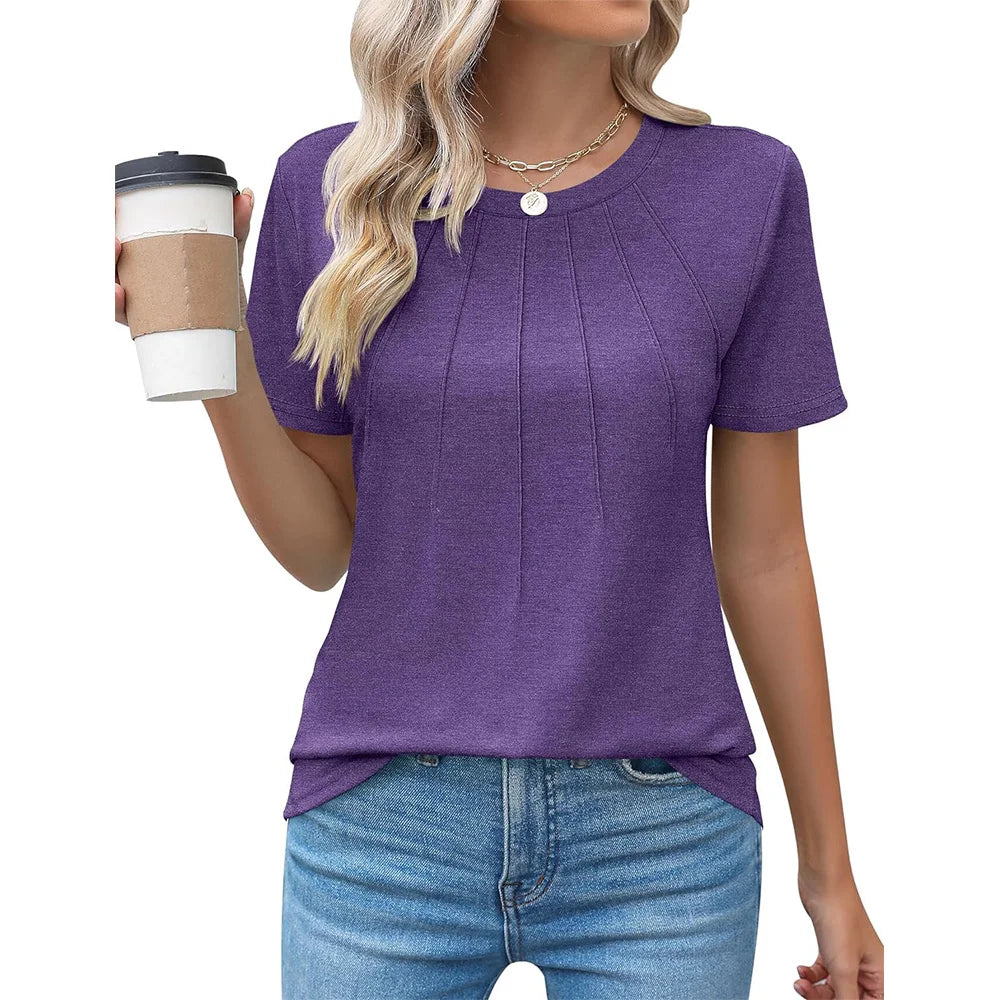 Blusas femininas casuais com gola redonda e mangas curtas plissadas
