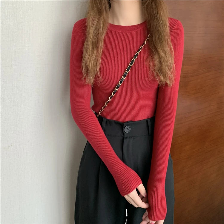 Nova blusa feminina 2025 para outono e inverno, manga longa, pulôver básico com pescoço elástico e estilo sólido em malha jumper.