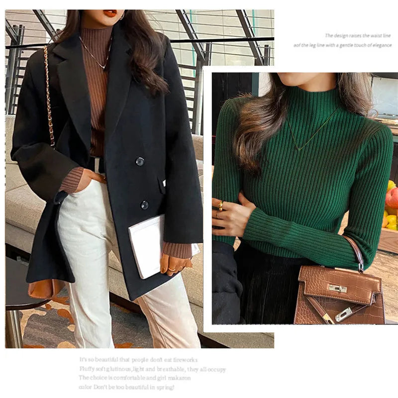 Blusa feminina de manga longa com gola alta, estilo Harajuku. Pulôver de malha fina, ajuste magro e elástico, básico e sólido, perfeito para compor looks simples.
