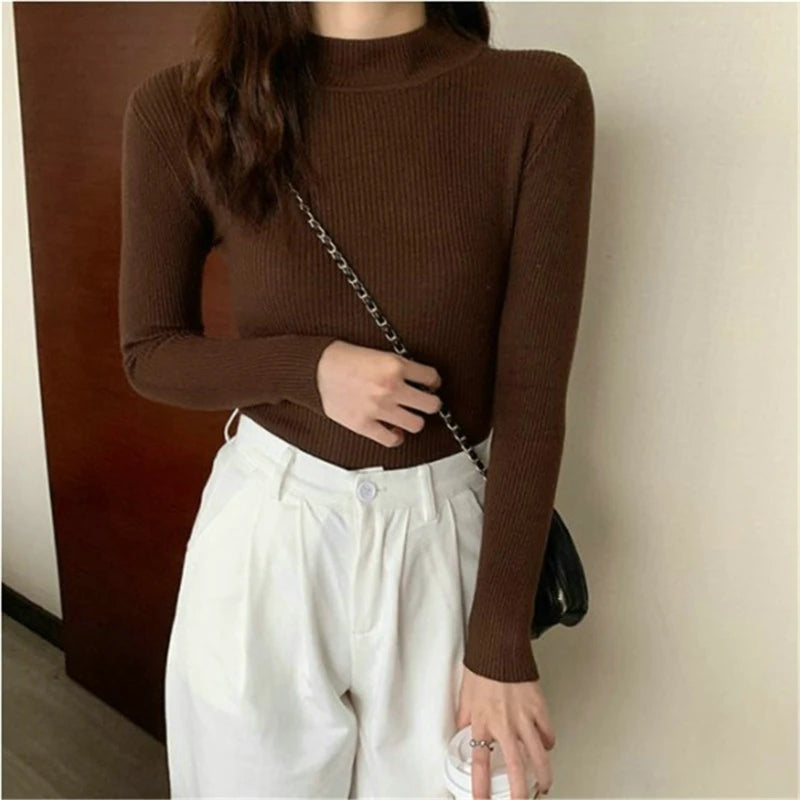 Blusa feminina de manga longa com gola alta, estilo Harajuku. Pulôver de malha fina, ajuste magro e elástico, básico e sólido, perfeito para compor looks simples.