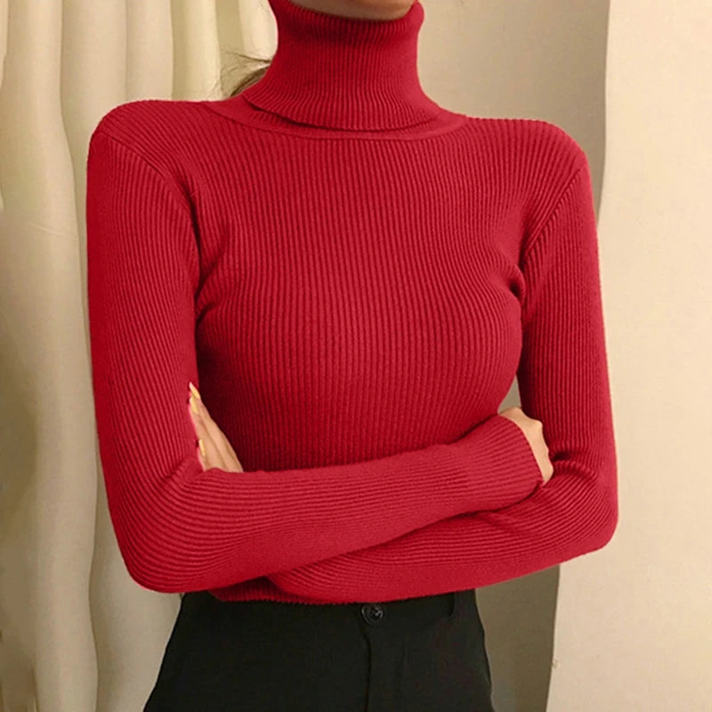 Blusa feminina de manga longa com gola alta, estilo Harajuku. Pulôver de malha fina, ajuste magro e elástico, básico e sólido, perfeito para compor looks simples.